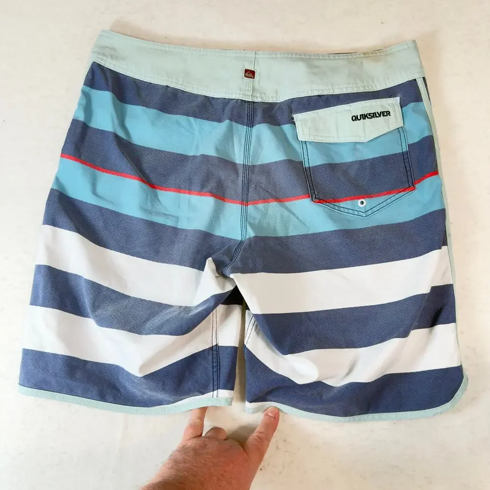 Quiksilver W34 Board Shorts Blue Stripe Swim Trunk Recycled Polyester Drawstring